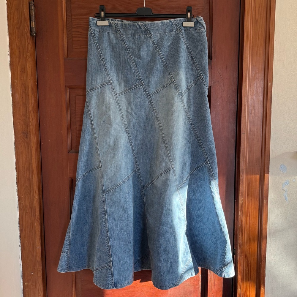 Vintage patchwork denim maxi skirt